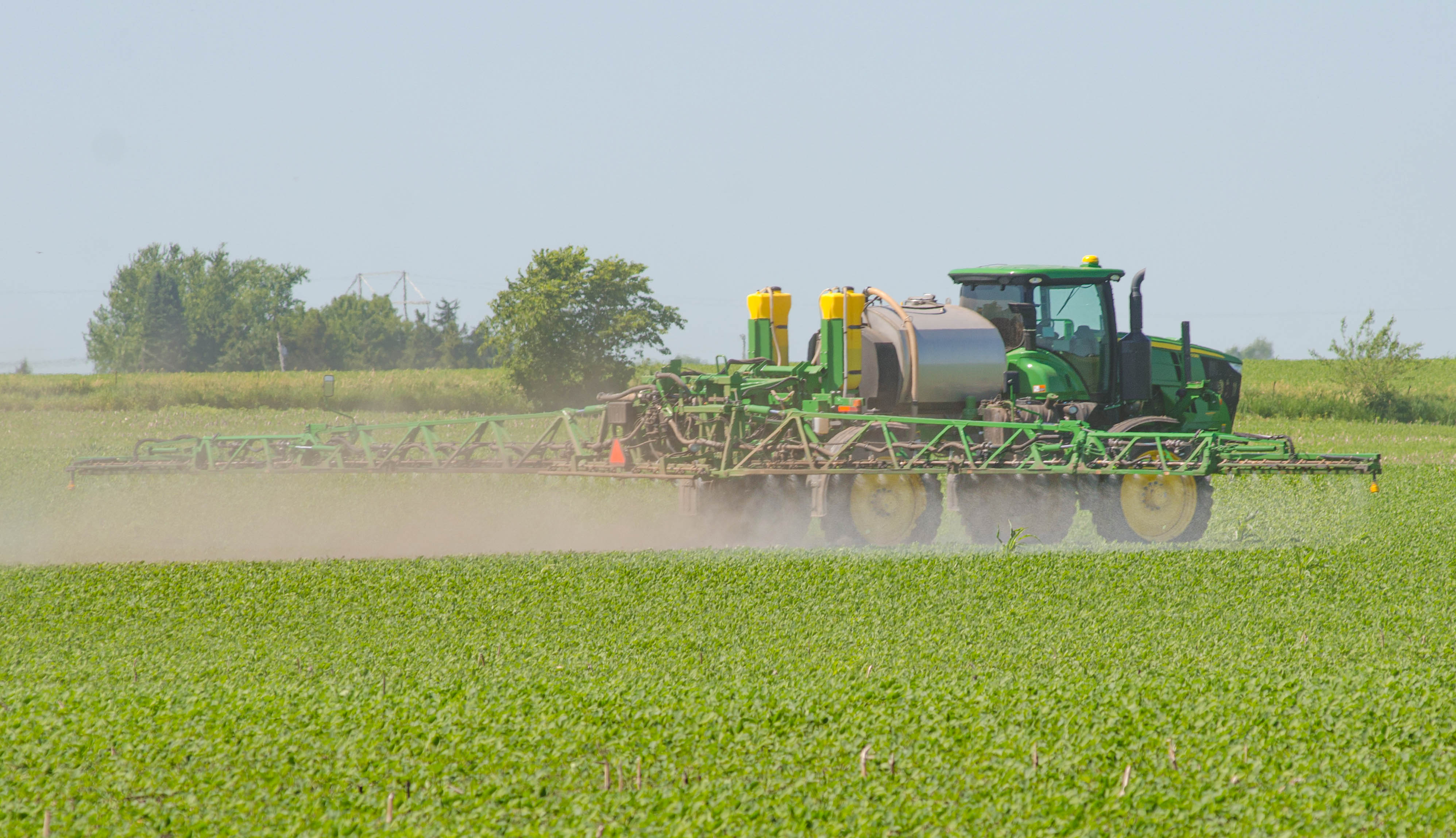 Soybeans being sprayed by John Deere tractor