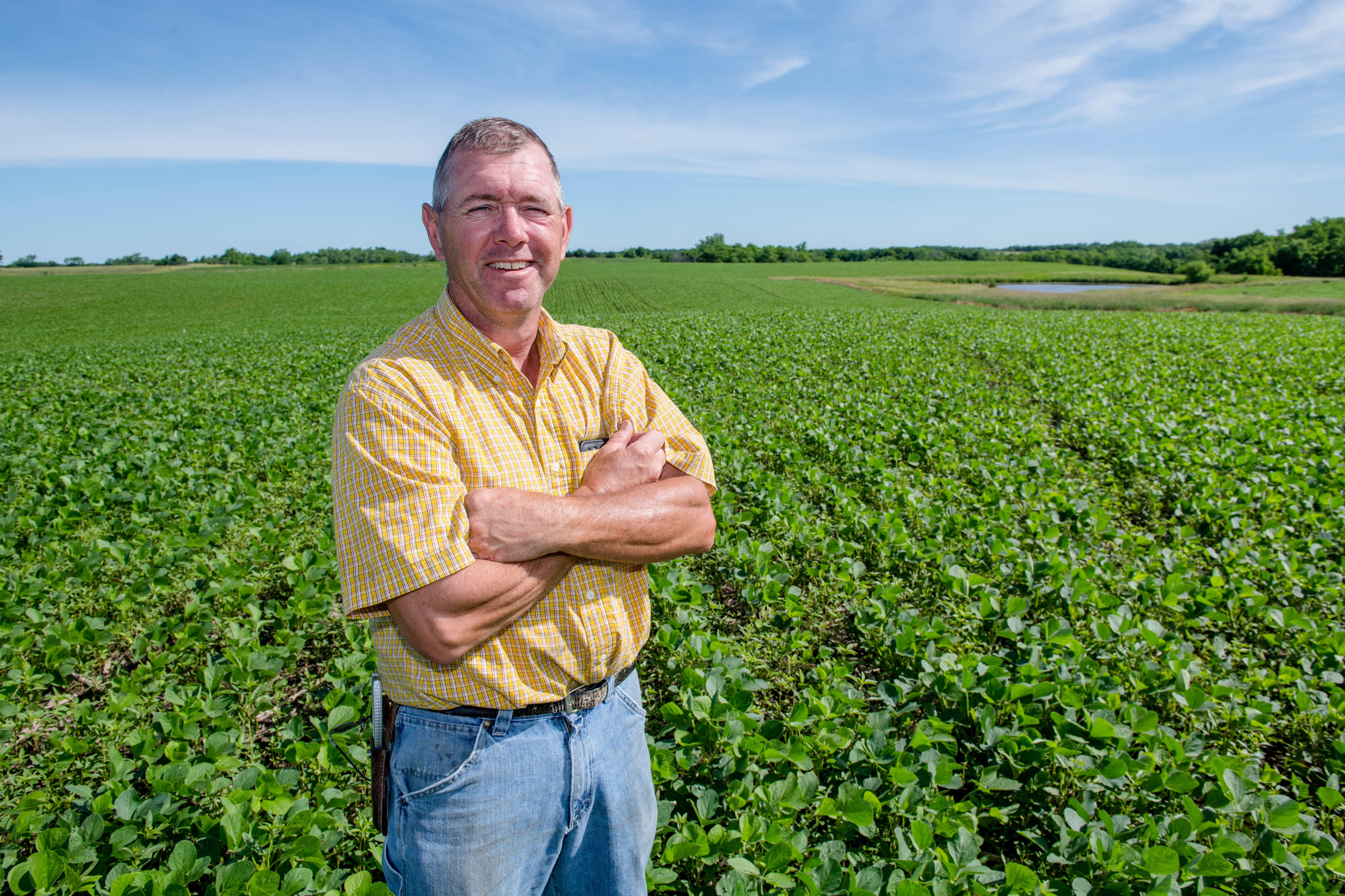 Randy Miller poses in a soybean field in early summer w