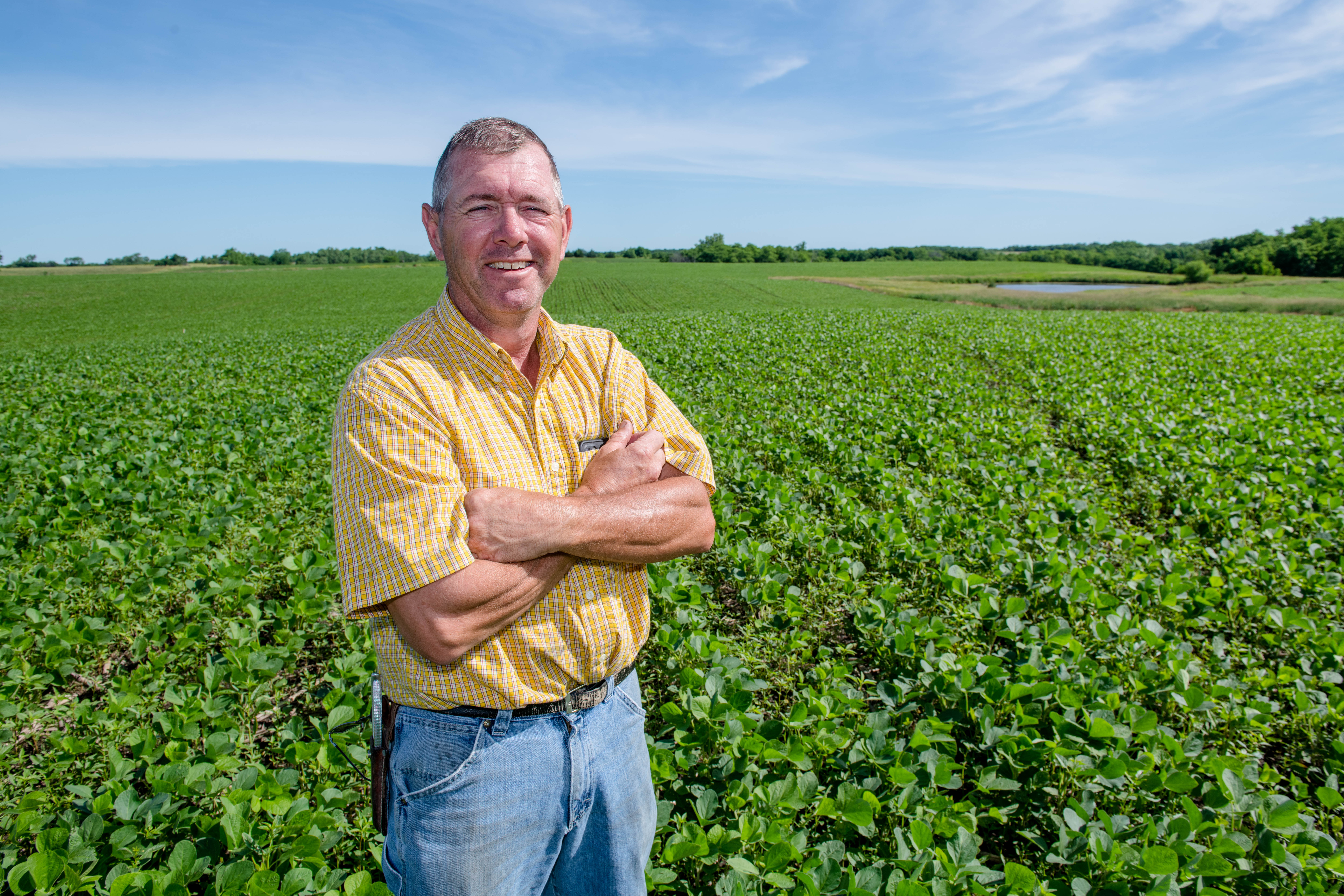 Randy Miller poses in a soybean field in early summer w