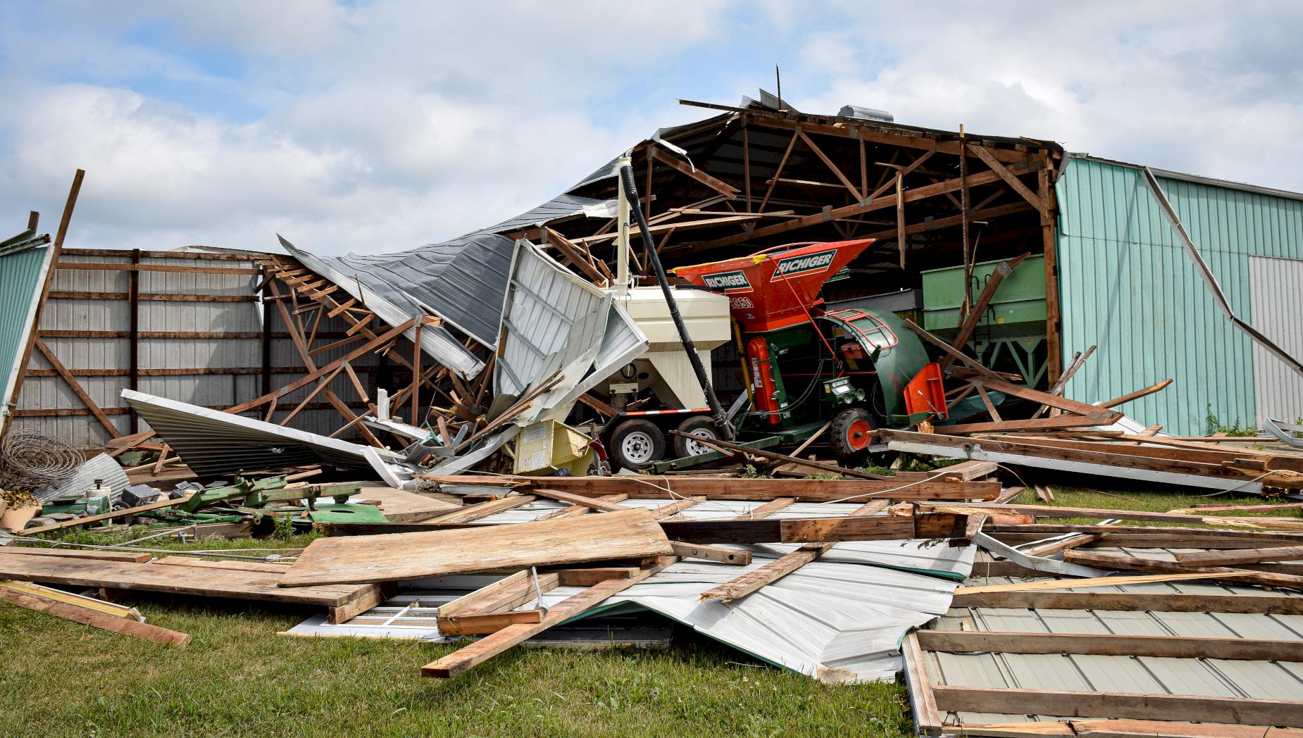 A machine shed sits demolished after the August 10 dere