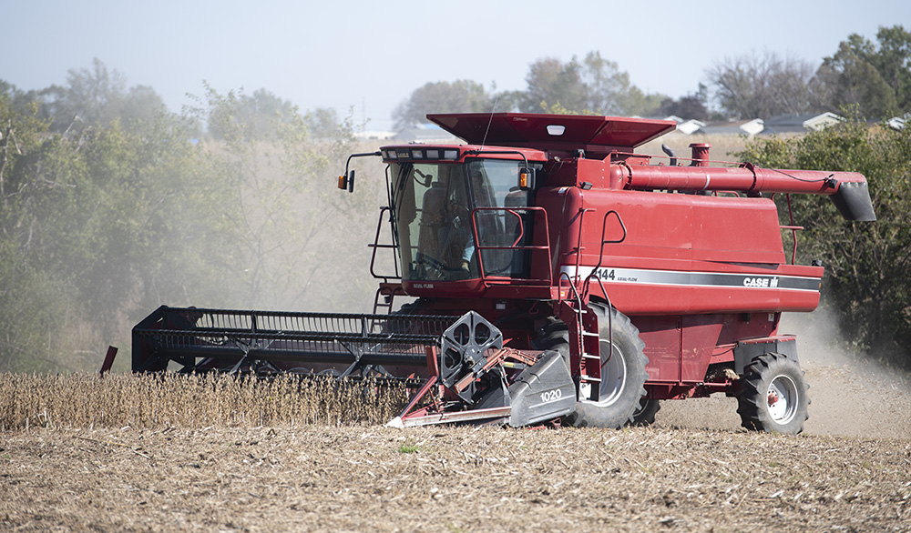 A Case combine cuts soybeans in a field near Marshallto