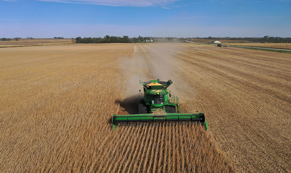 A John Deere combine cuts soybeans near Farrar in Octob