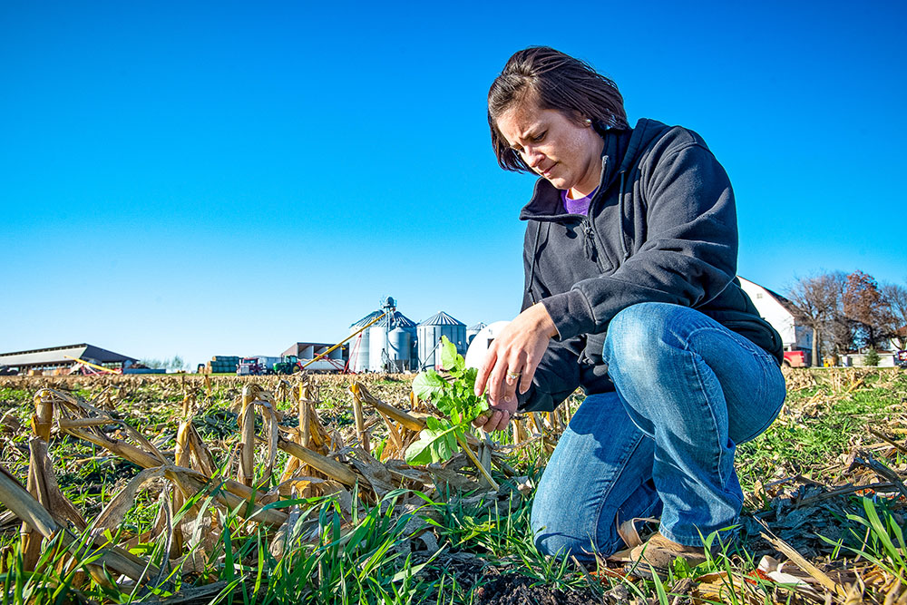Kellie Blair checks the growth of cover crops at her ru