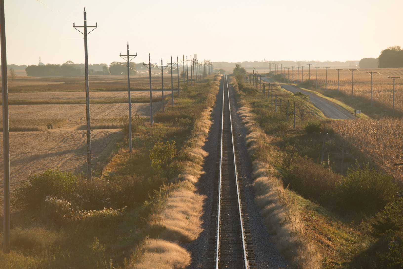 Aerial shot of a railroad between crop fields.