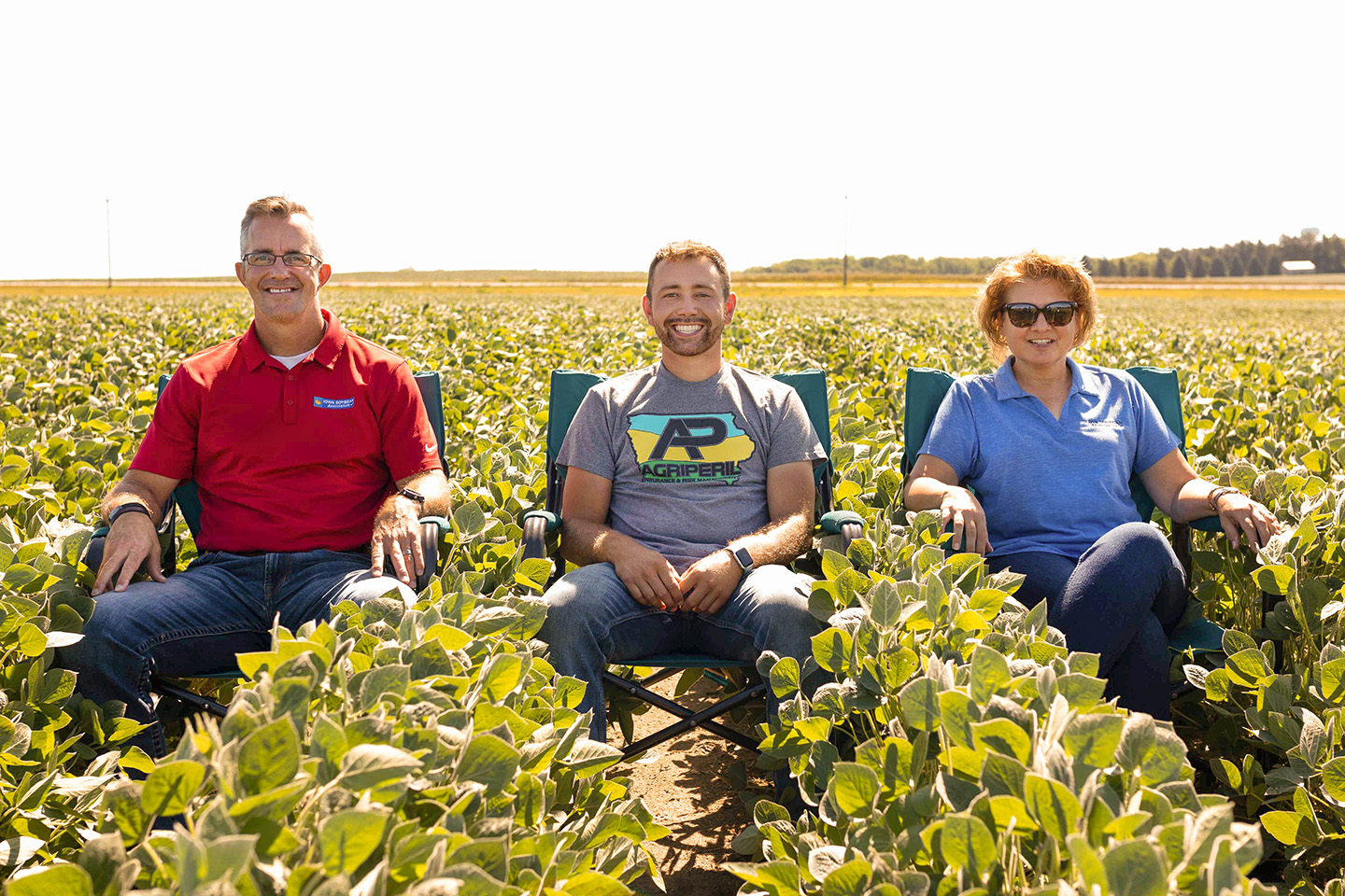 Iowa growers sitting in soybean field