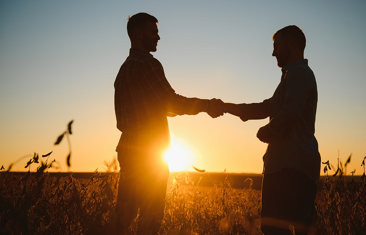 Farmers shaking hands in soybean field
