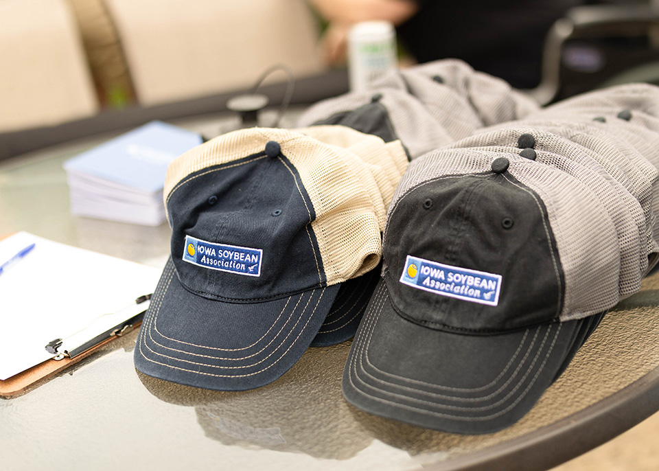 Soybean hats sitting on table