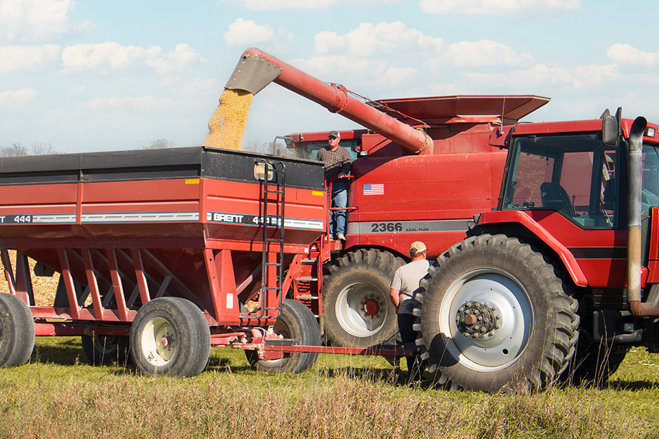 Unloading combine into grain wagon