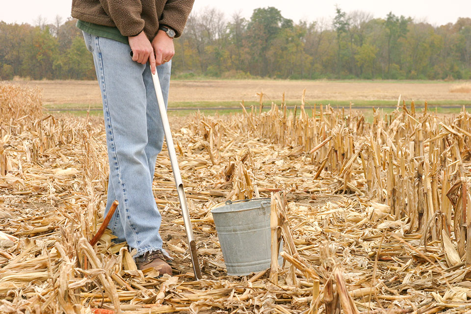 Farmer sampling soil in field