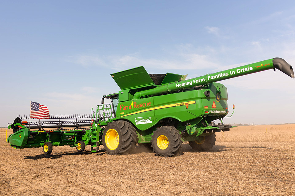 John Deere Farm Rescue combine in soybean field