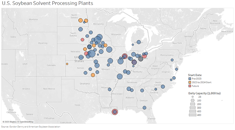 U.S. Soybean Solvent Processing Plants Map of the United States with processing plants