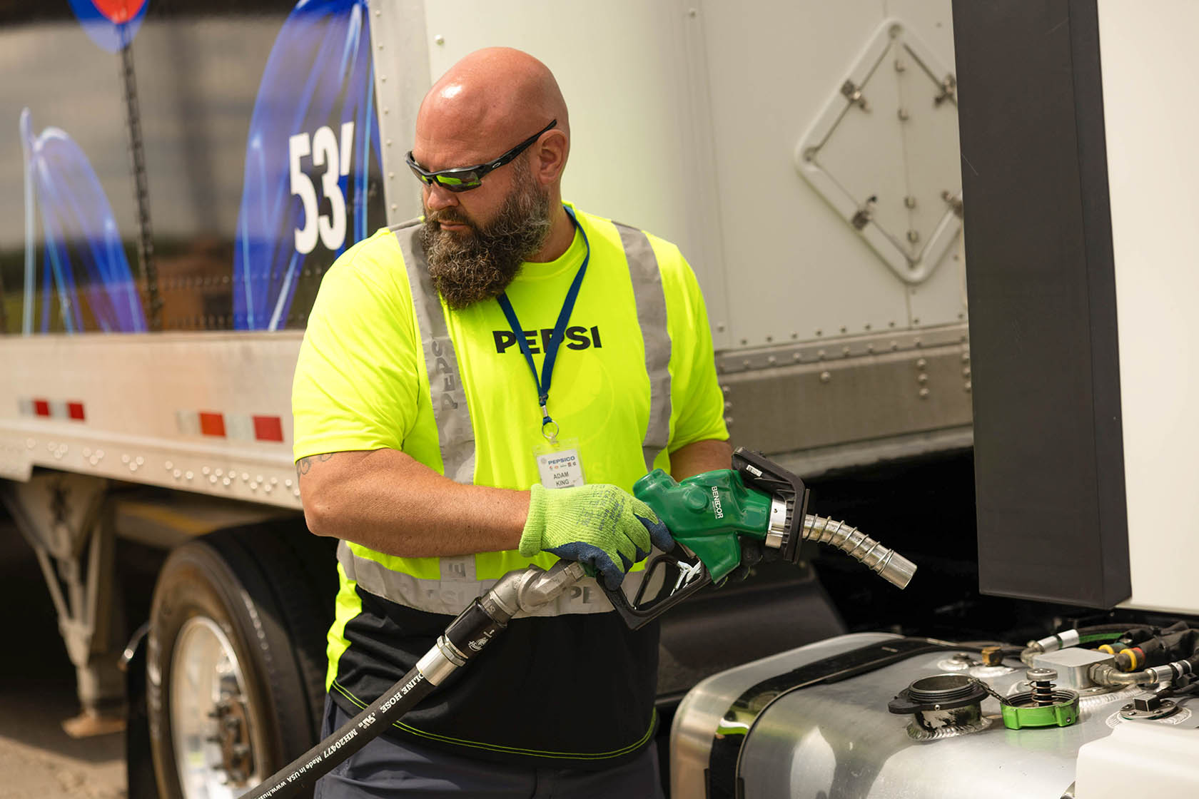Filling up truck with B99 biodiesel Pepsi truck driver, Adam King