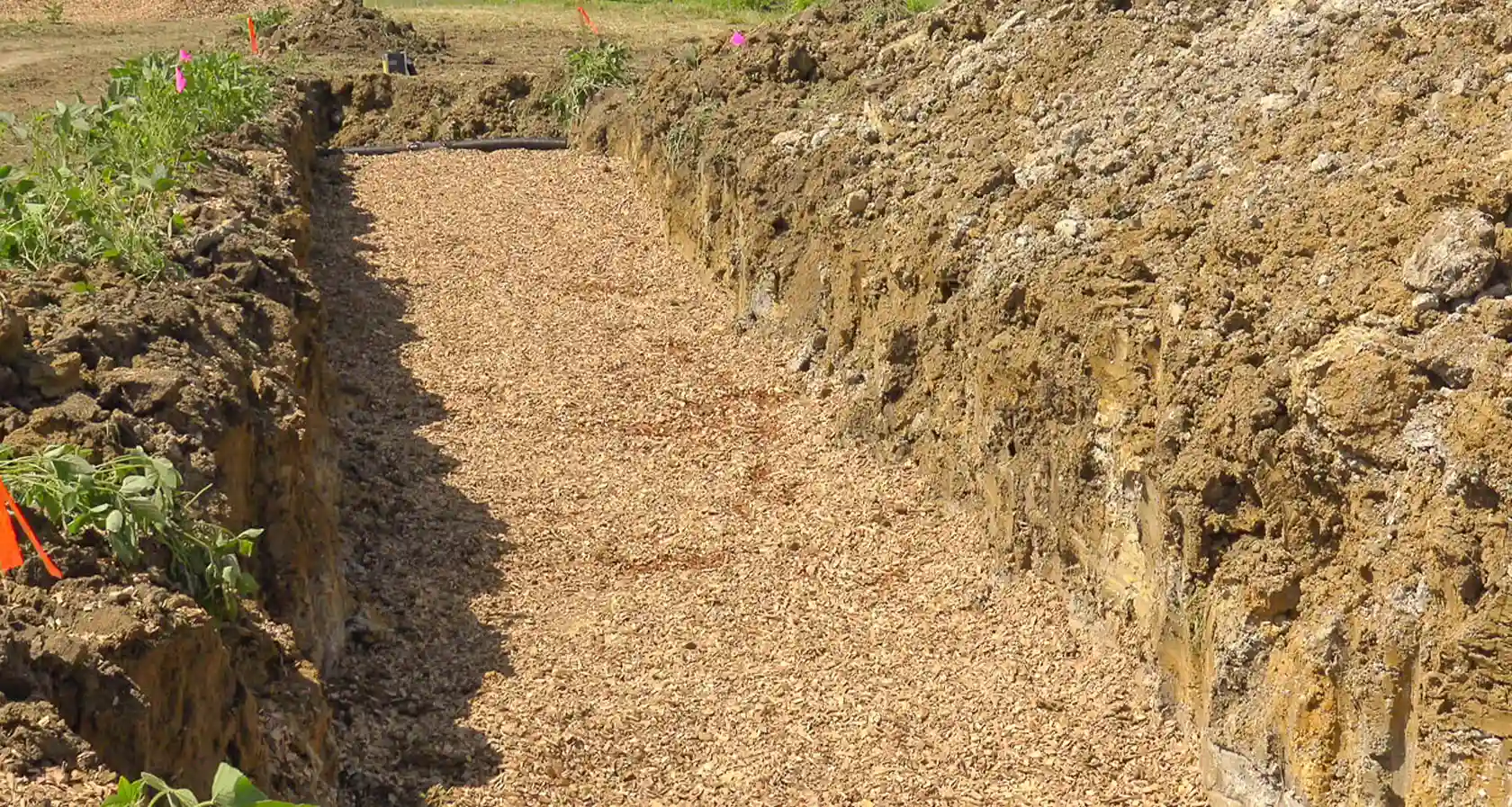 Woodchip Bioreactor Trench in field filled with woodchips