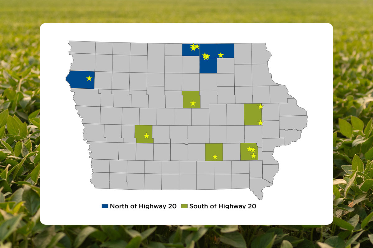 Map of Iowa showing which counties trials were conducte