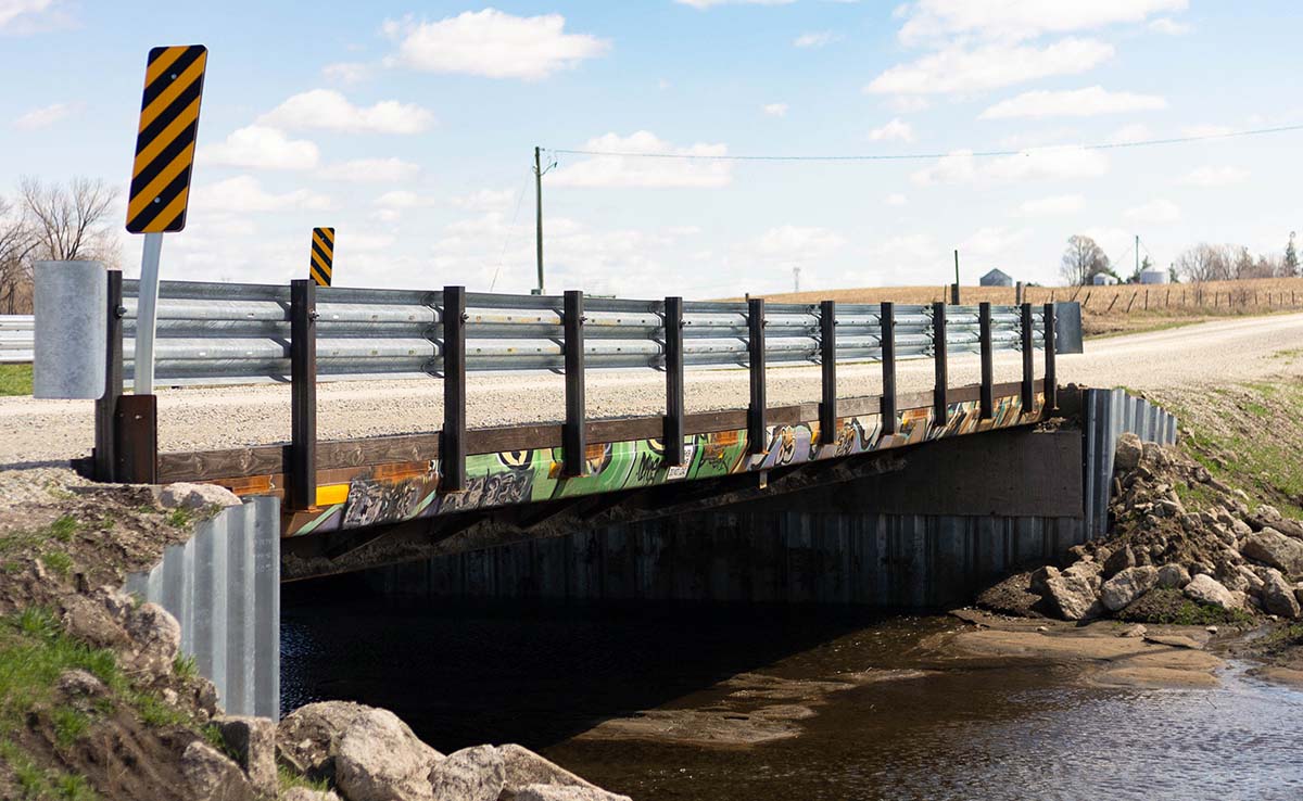 Bridge made from six railroad flat cars.