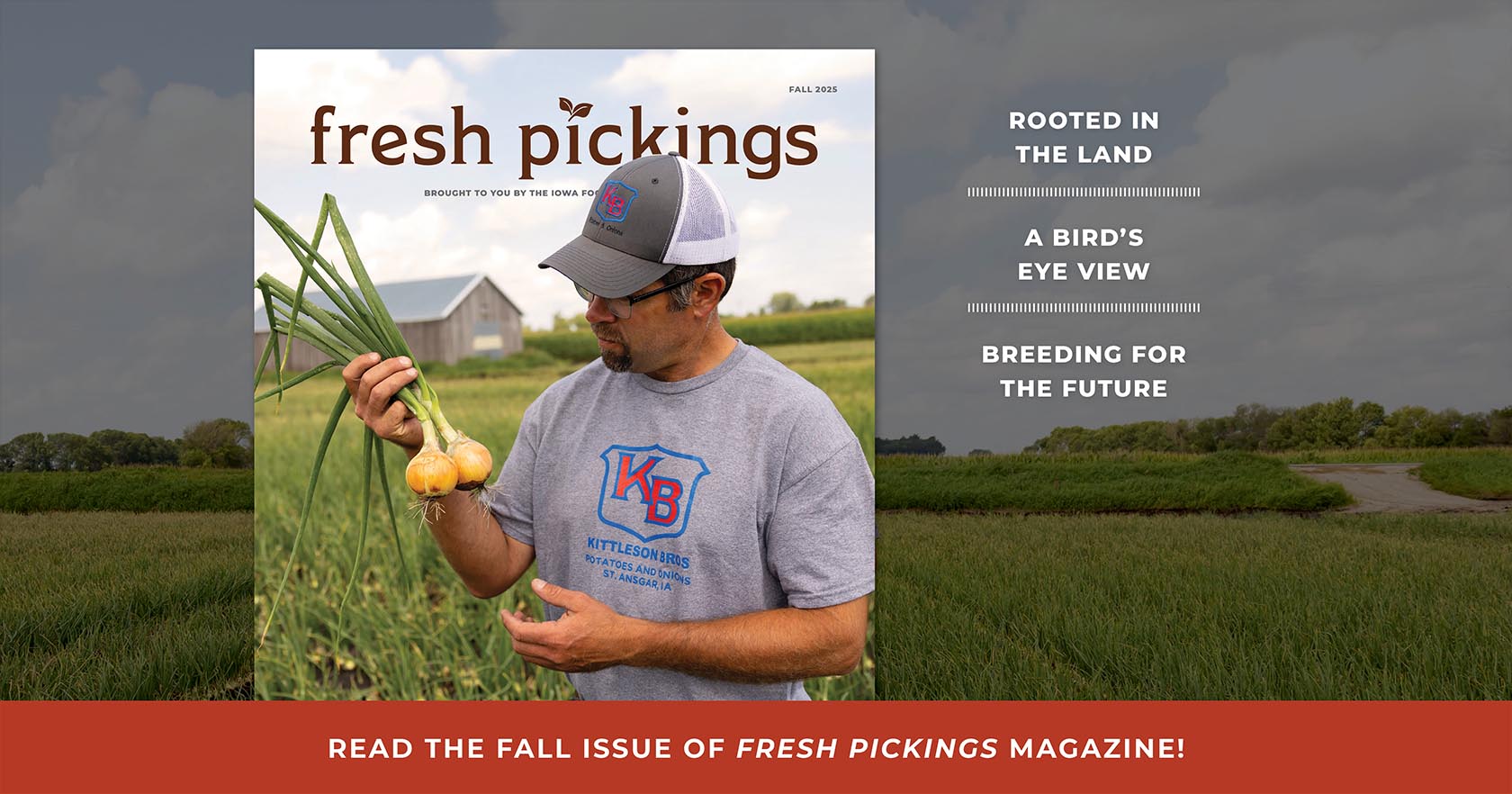Magazine cover featuring farmer with onions.