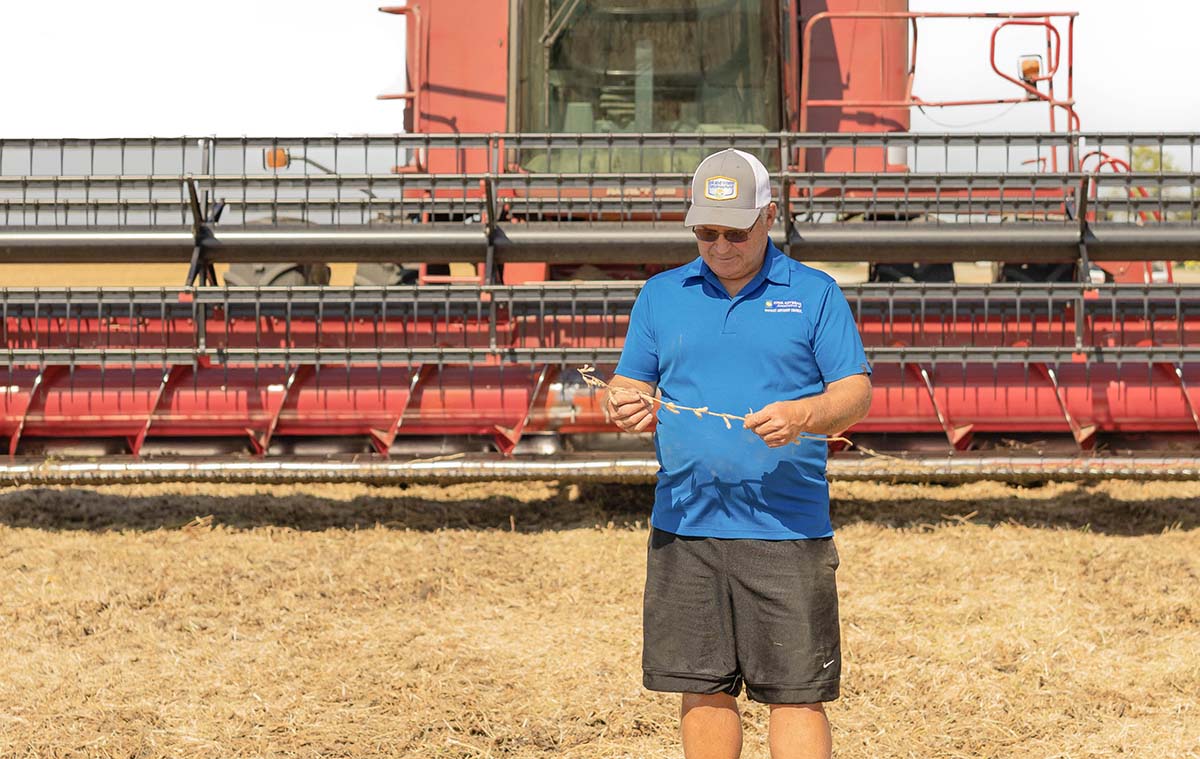 Farmer standing in front of combine during harvest