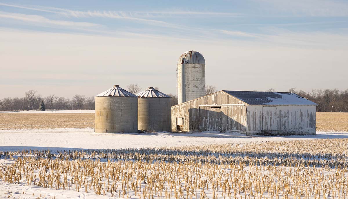 Barn and grain bins in snowy field