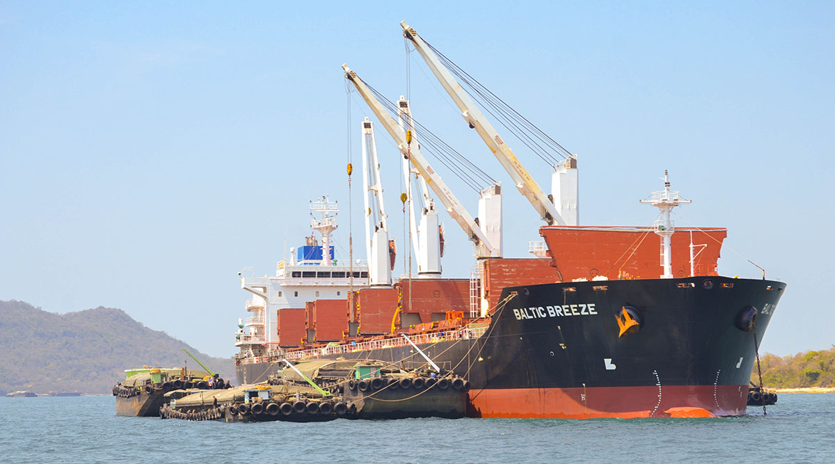 Ocean-going vessel loading up barges with soybeans