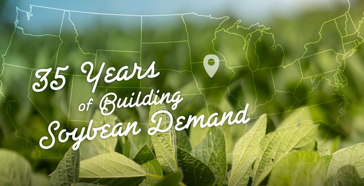 Map of United States fading into soybean field