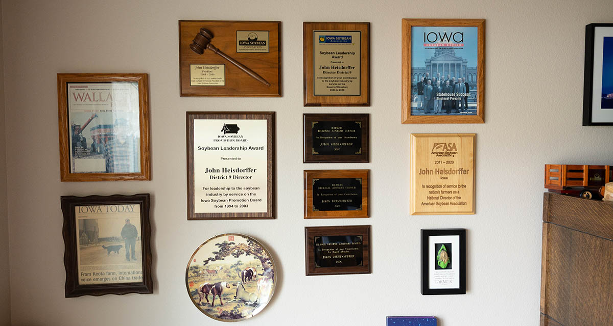 Soybean Awards on Wall John Heisdorffer's soybean awards