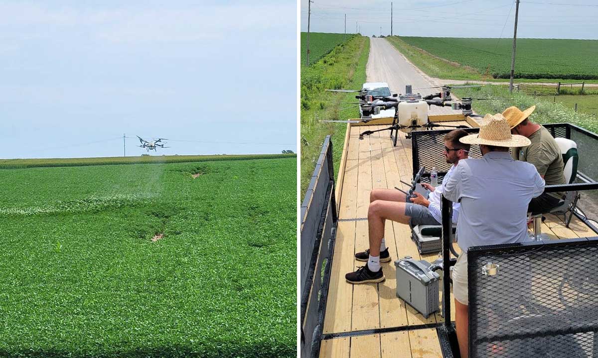 Evaluating Drone Applications Crew operating sprayer drone in Iowa