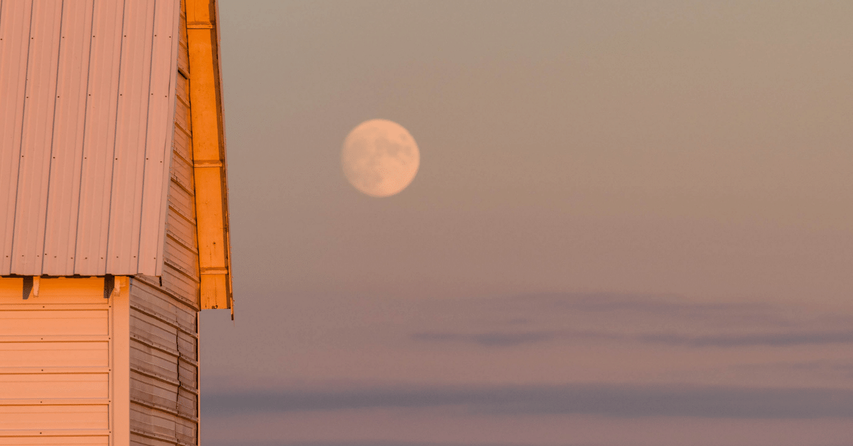 A full moon hangs over a white barn at dusk.