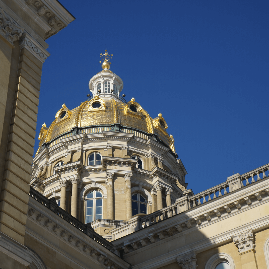 A close-up image of the golden dome at the Iowa State C