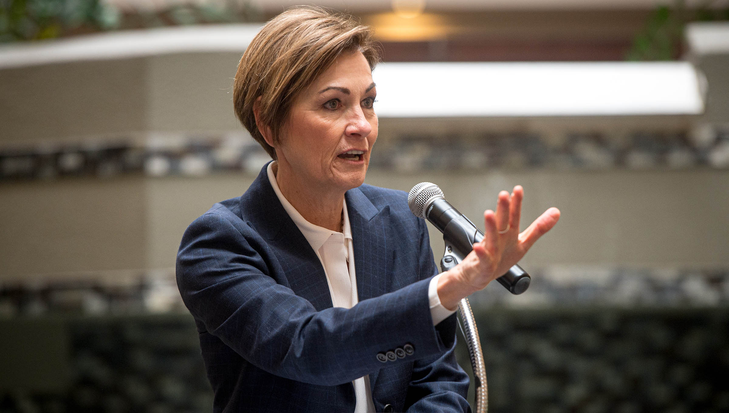 Governor Kim Reynolds addresses a group of Iowa Soybean