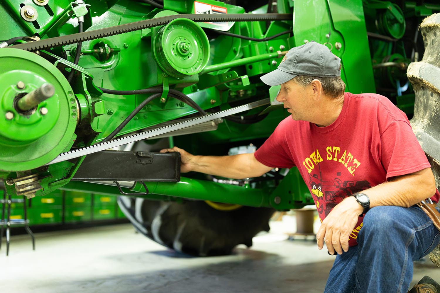 Kevin Glanz of Manchester inspecting his farming equipm