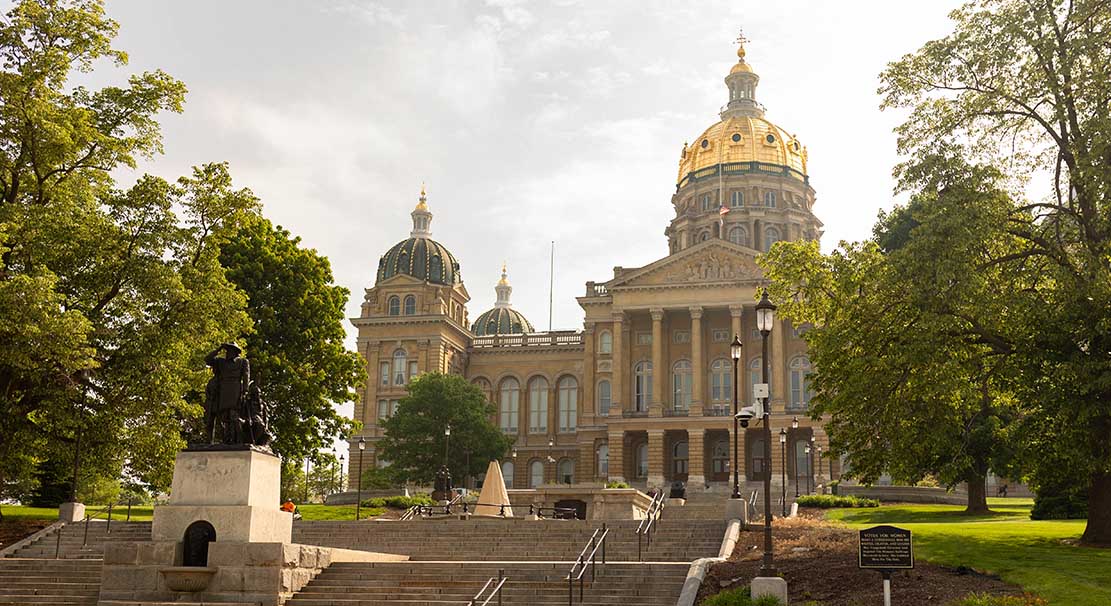 The Iowa Capitol building on a summer day.