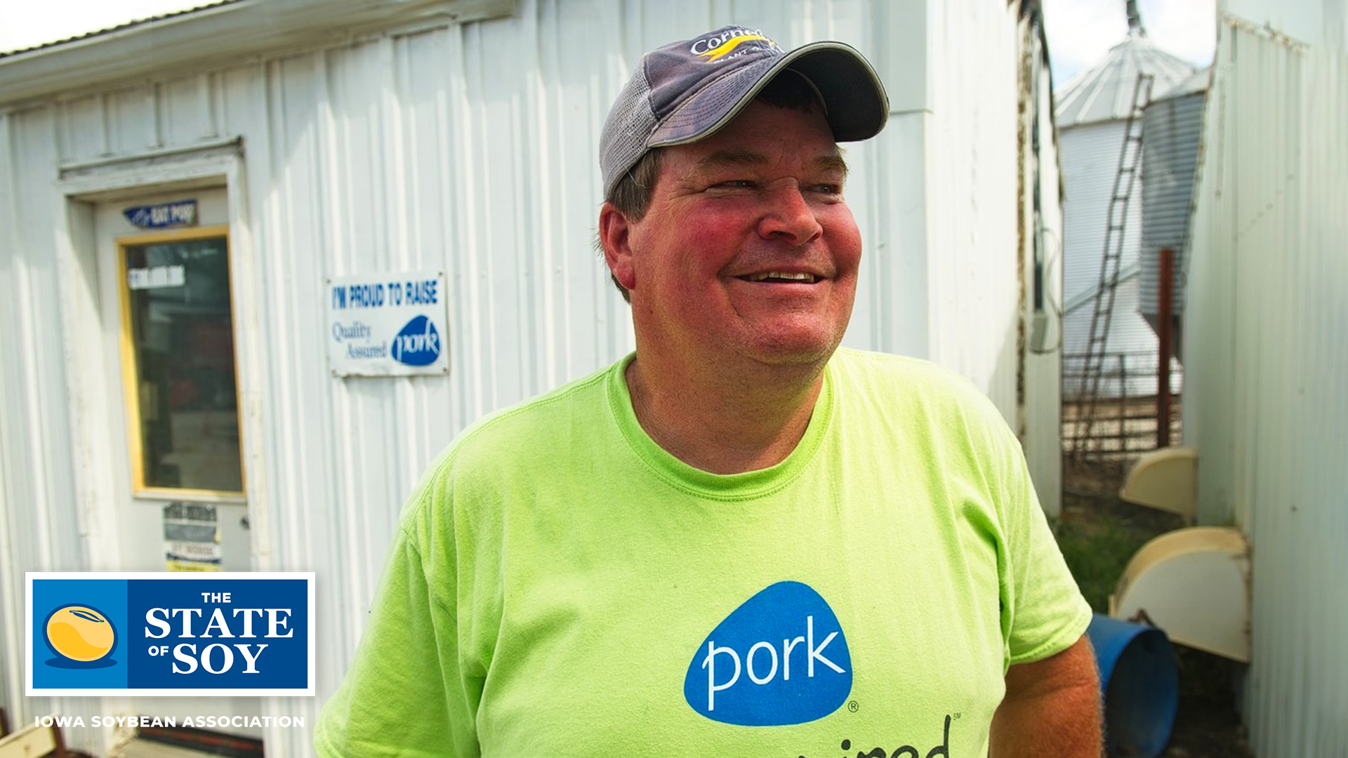 Soybean farmer in Iowa pork shirt