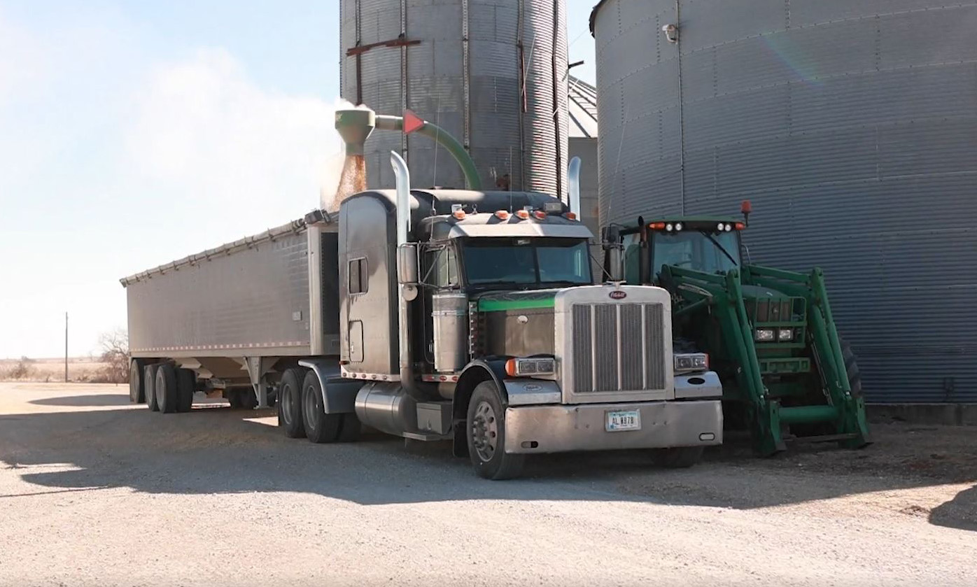 Grain truck loading soybeans from bin