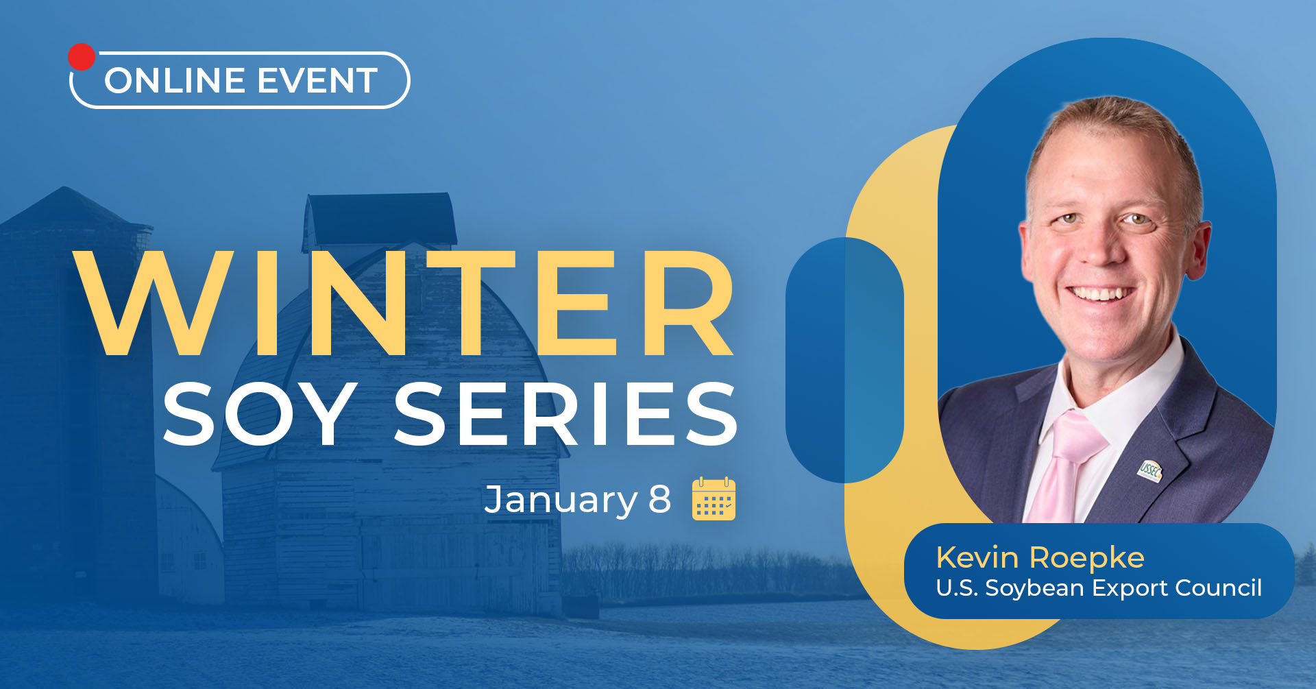 Graphic promoting an online event focusing on soybeans