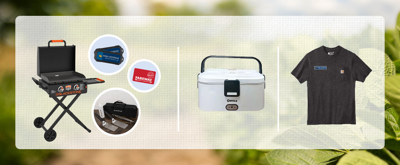 Soybean Membership Drive Prizes Graphic showing a grill, lunch box and shirt